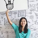Business Idea - Woman Draw a Light bulb in White Board